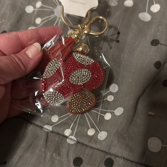 NWT puffy rhinestone chunky red mushroom keychain purse charm - Picture 6 of 6